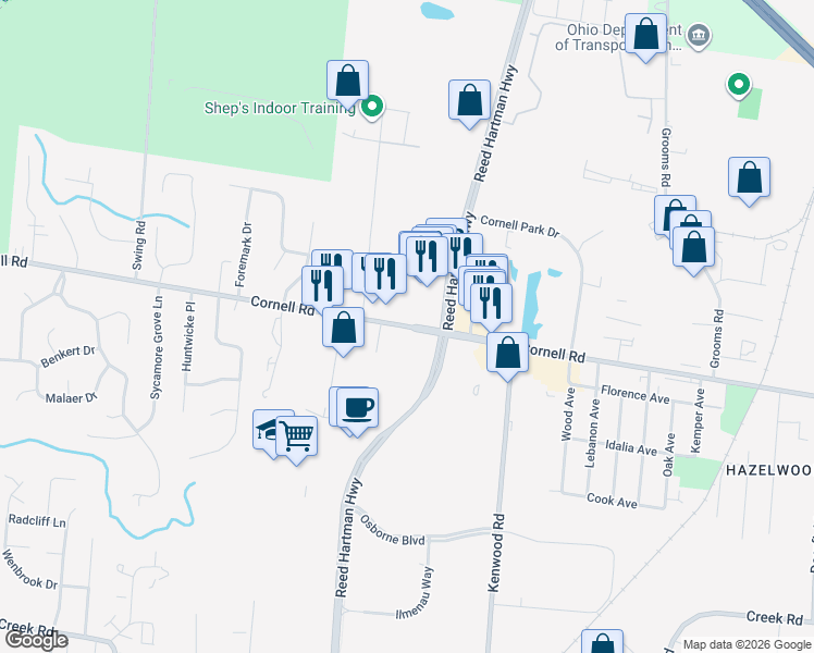 map of restaurants, bars, coffee shops, grocery stores, and more near 4665 Cornell Road in Blue Ash