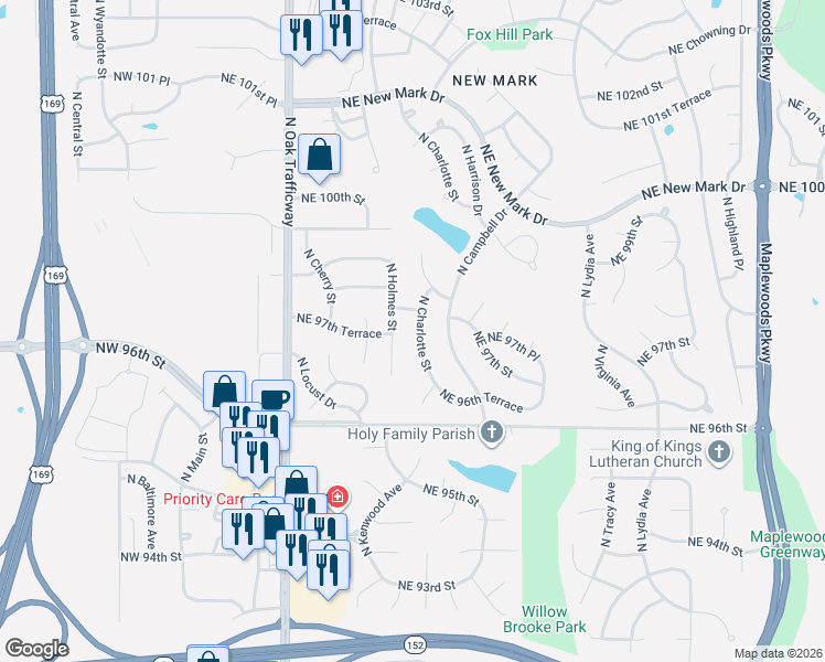 map of restaurants, bars, coffee shops, grocery stores, and more near 9712 North Charlotte Street in Kansas City