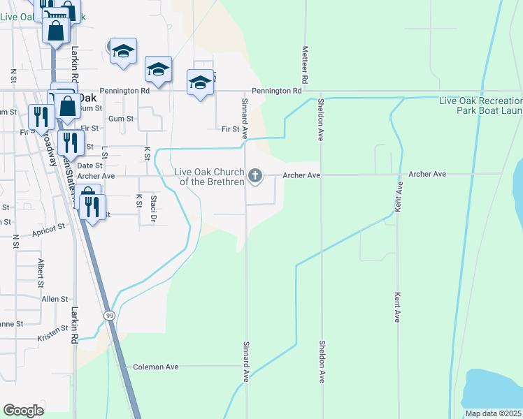 map of restaurants, bars, coffee shops, grocery stores, and more near 9591 Almond Drive in Live Oak