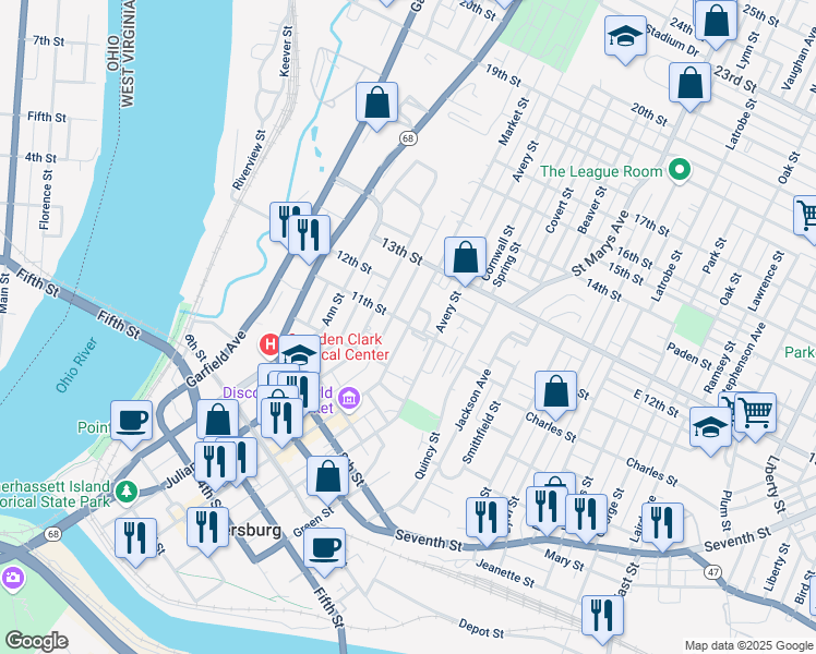 map of restaurants, bars, coffee shops, grocery stores, and more near Market Street in Parkersburg