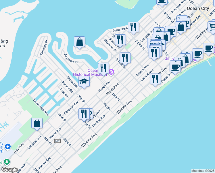 map of restaurants, bars, coffee shops, grocery stores, and more near 201 18th Street in Ocean City