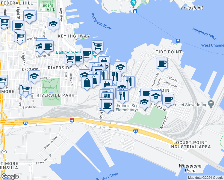 map of restaurants, bars, coffee shops, grocery stores, and more near 1504 Woodall Street in Baltimore