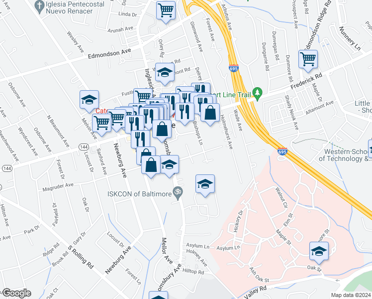 map of restaurants, bars, coffee shops, grocery stores, and more near 9 Rognel Avenue in Catonsville