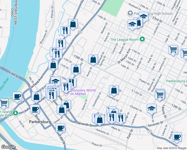 map of restaurants, bars, coffee shops, grocery stores, and more near 415 11th Street in Parkersburg