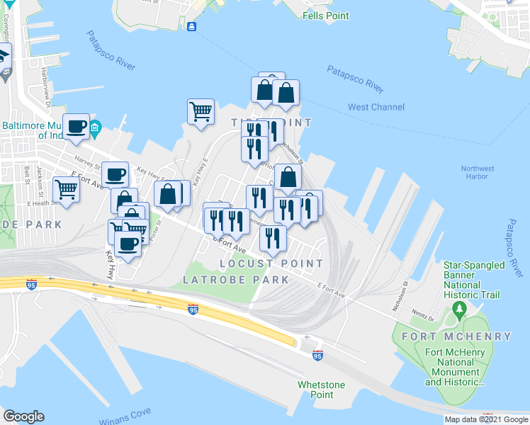 map of restaurants, bars, coffee shops, grocery stores, and more near 1348 Towson Street in Baltimore