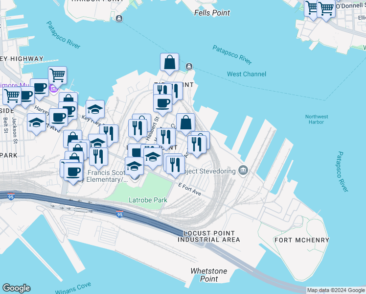map of restaurants, bars, coffee shops, grocery stores, and more near 1307 Richardson Street in Baltimore