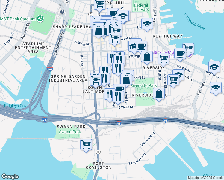 map of restaurants, bars, coffee shops, grocery stores, and more near 31 East Heath Street in Baltimore