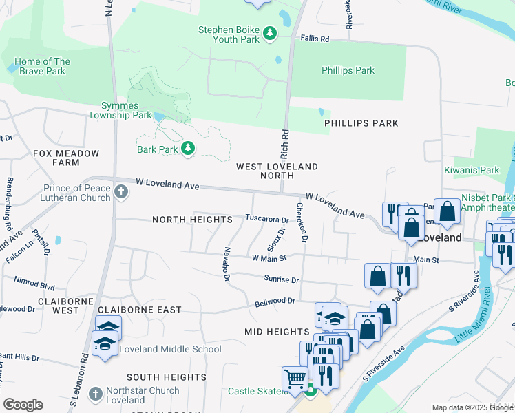 map of restaurants, bars, coffee shops, grocery stores, and more near 1112 Tuscarora Drive in Loveland