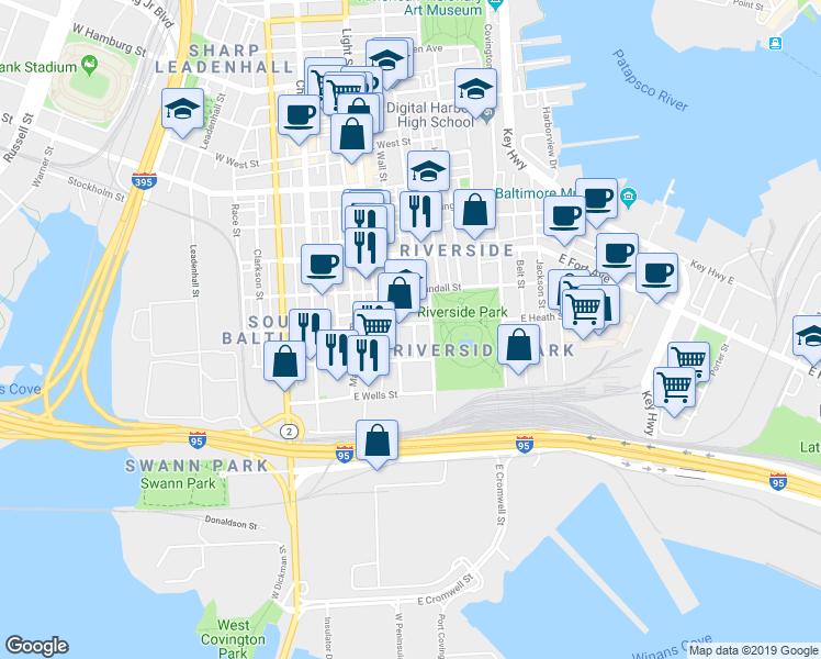 map of restaurants, bars, coffee shops, grocery stores, and more near 219 East Heath Street in Baltimore