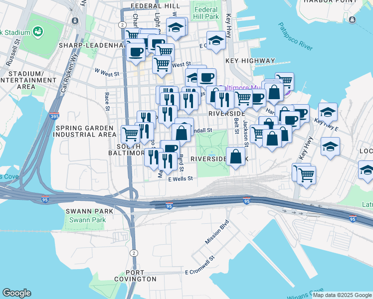 map of restaurants, bars, coffee shops, grocery stores, and more near 219 East Heath Street in Baltimore