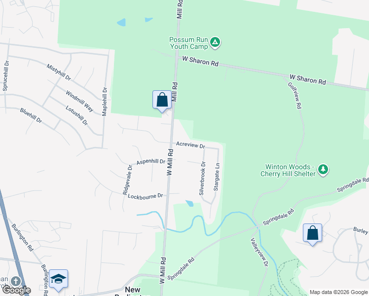 map of restaurants, bars, coffee shops, grocery stores, and more near 10740 West Mill Road in Cincinnati