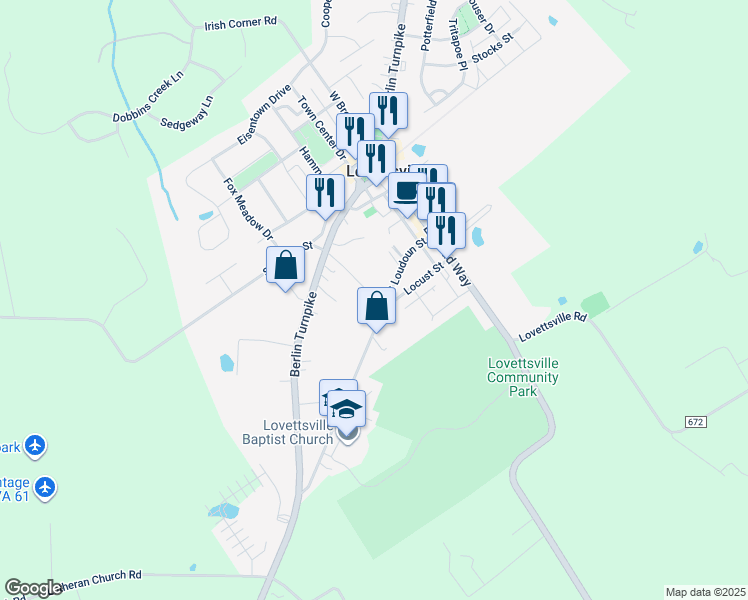 map of restaurants, bars, coffee shops, grocery stores, and more near 22 South Loudoun Street in Lovettsville