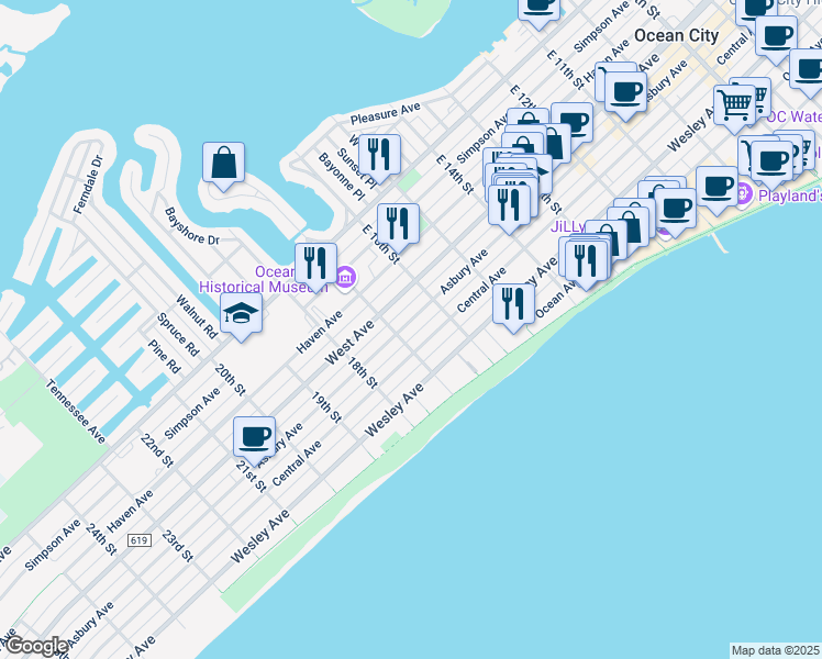map of restaurants, bars, coffee shops, grocery stores, and more near 1700 East 17th Street in Ocean City
