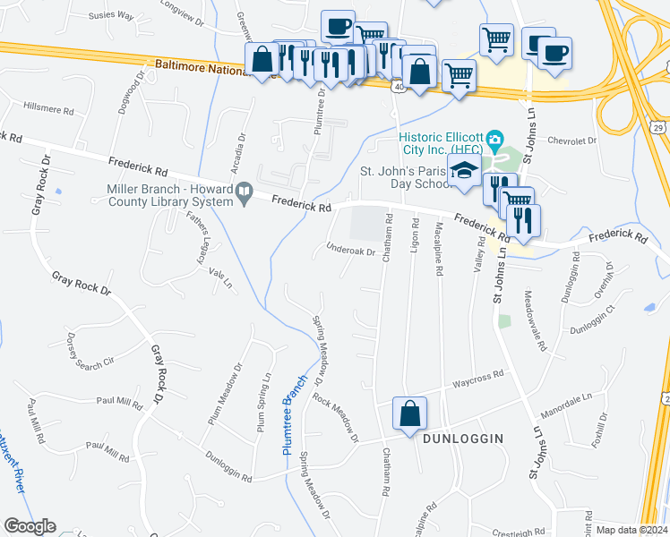 map of restaurants, bars, coffee shops, grocery stores, and more near 3630 Cornus Lane in Ellicott City