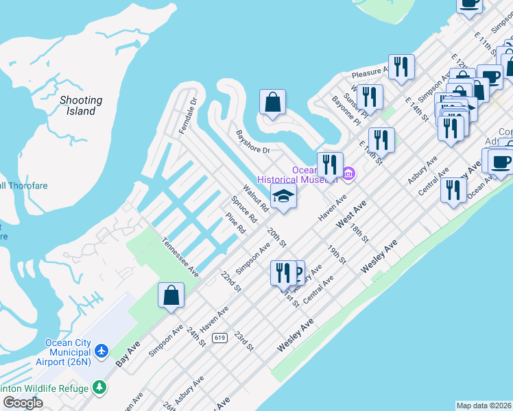 map of restaurants, bars, coffee shops, grocery stores, and more near 2 Walnut Road in Ocean City