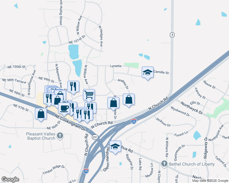 map of restaurants, bars, coffee shops, grocery stores, and more near 1804 Place Liberte Drive in Liberty