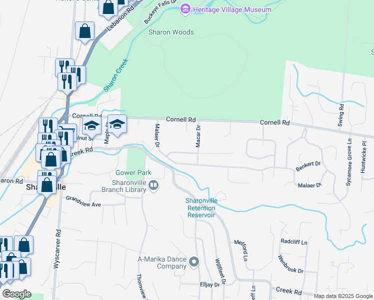 map of restaurants, bars, coffee shops, grocery stores, and more near 3881 Sharonview Drive in Sharonville