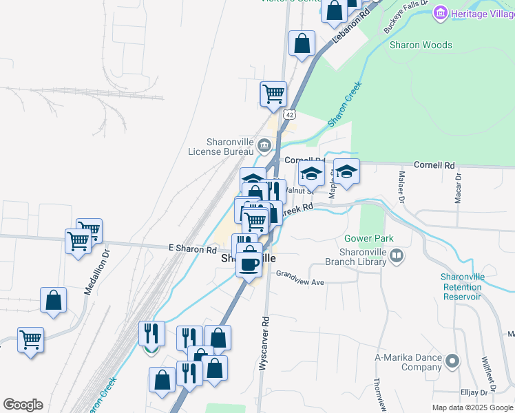 map of restaurants, bars, coffee shops, grocery stores, and more near 11100 Reading Road in Cincinnati