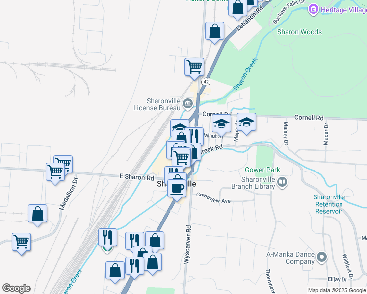 map of restaurants, bars, coffee shops, grocery stores, and more near 11080 Reading Road in Cincinnati