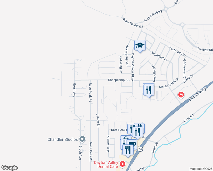 map of restaurants, bars, coffee shops, grocery stores, and more near 6 Rose Peak Road in Dayton