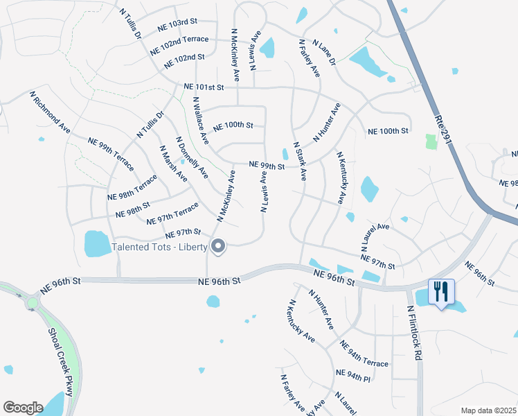 map of restaurants, bars, coffee shops, grocery stores, and more near 9808 North Lewis Avenue in Kansas City