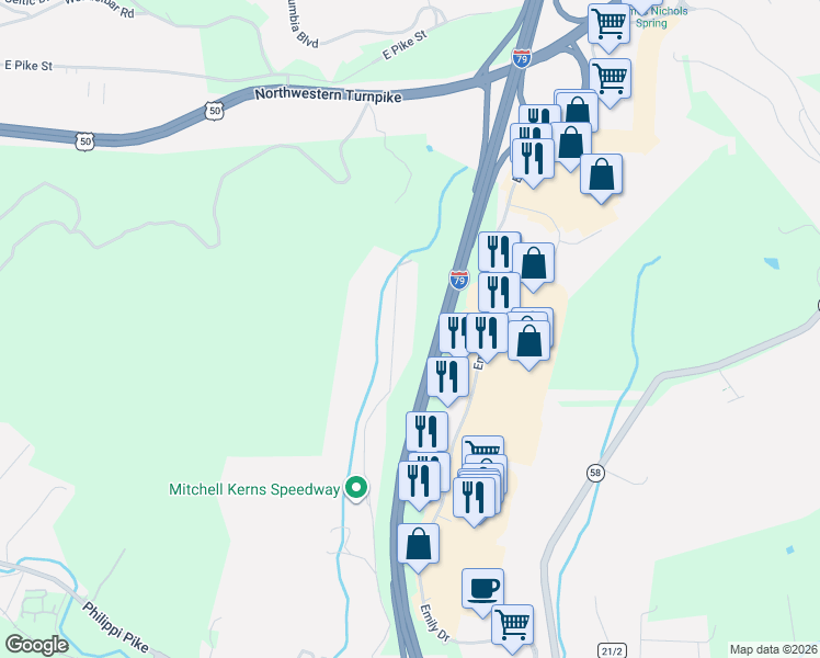 map of restaurants, bars, coffee shops, grocery stores, and more near 761-887 North Oak Street in Clarksburg