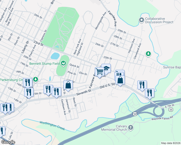 map of restaurants, bars, coffee shops, grocery stores, and more near 811-813 Chestnut Street in Parkersburg