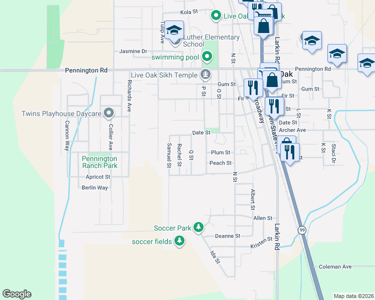 map of restaurants, bars, coffee shops, grocery stores, and more near 9573 Rachel St in Live Oak