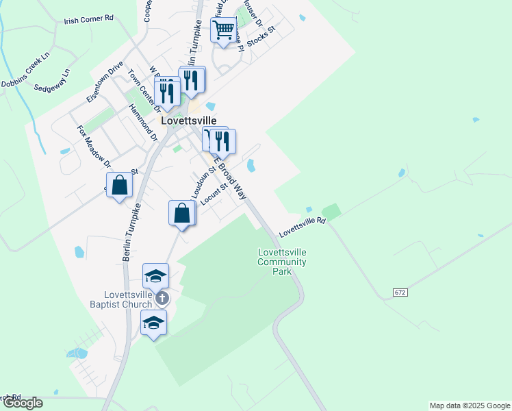 map of restaurants, bars, coffee shops, grocery stores, and more near 45 East Broad Way in Lovettsville
