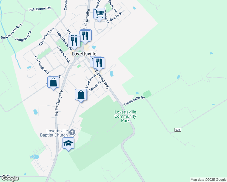 map of restaurants, bars, coffee shops, grocery stores, and more near 45 East Broad Way in Lovettsville
