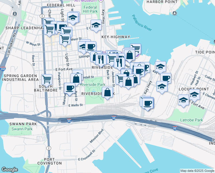 map of restaurants, bars, coffee shops, grocery stores, and more near 1700 Belt Street in Baltimore