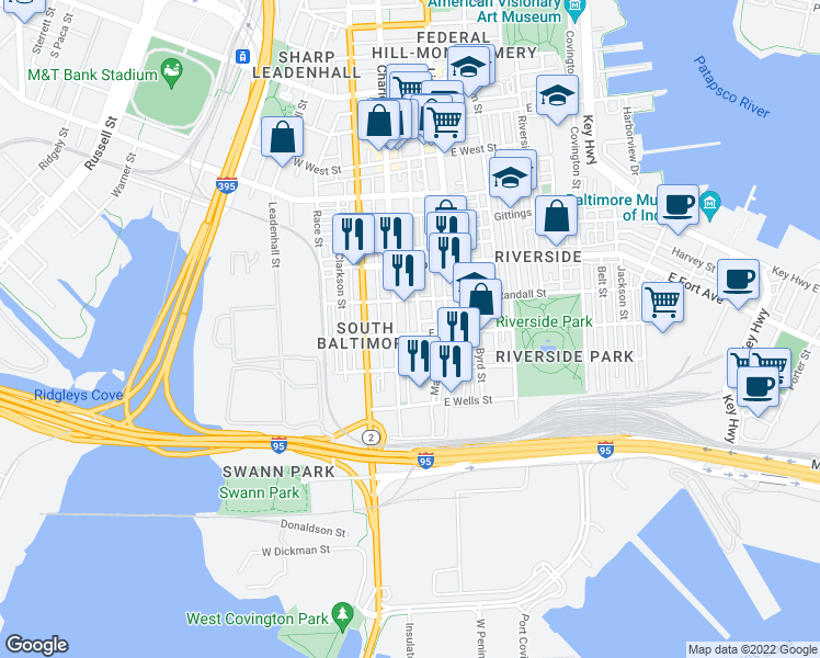 map of restaurants, bars, coffee shops, grocery stores, and more near 20 East Heath Street in Baltimore