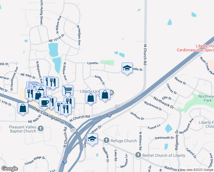 map of restaurants, bars, coffee shops, grocery stores, and more near 1809 Andrea Drive in Liberty
