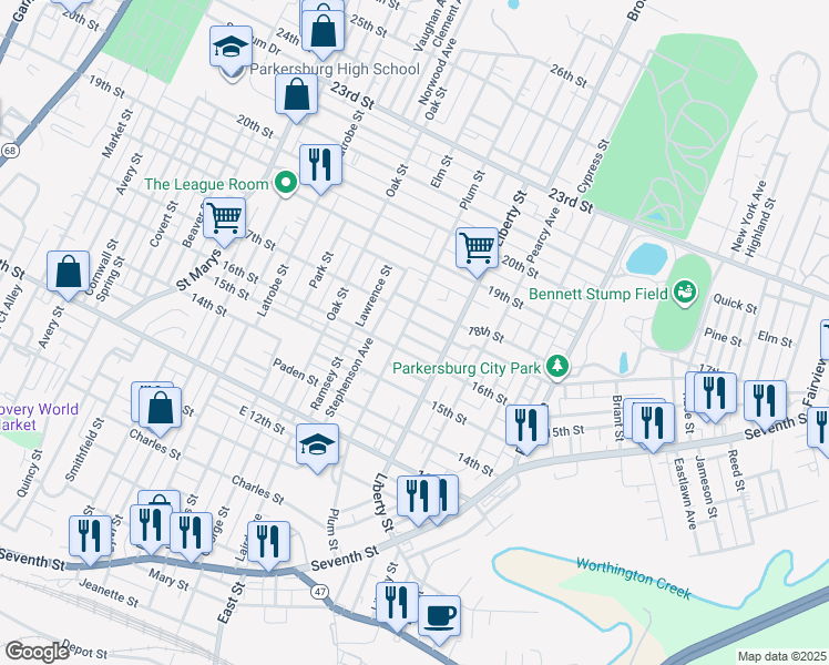 map of restaurants, bars, coffee shops, grocery stores, and more near 1304 16th Street in Parkersburg