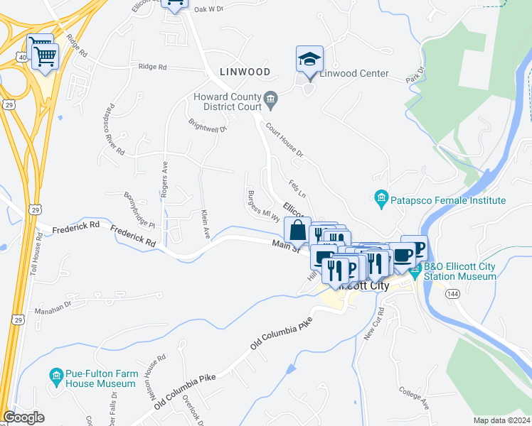 map of restaurants, bars, coffee shops, grocery stores, and more near 3087 Milltowne Drive in Ellicott City
