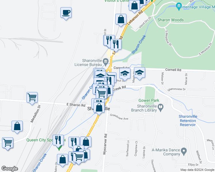 map of restaurants, bars, coffee shops, grocery stores, and more near 11121 Main Street in Sharonville