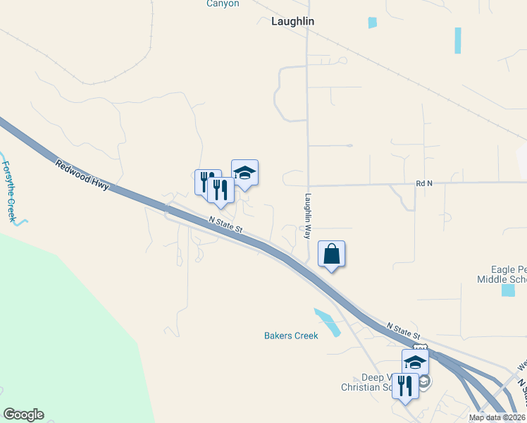 map of restaurants, bars, coffee shops, grocery stores, and more near 9371 North State Street in Redwood Valley