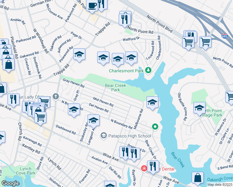 map of restaurants, bars, coffee shops, grocery stores, and more near 8141 Park Haven Road in Dundalk