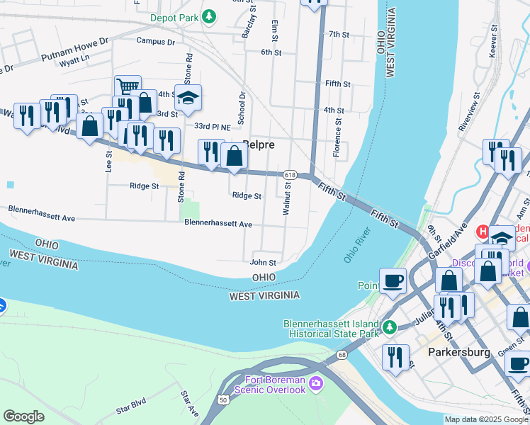 map of restaurants, bars, coffee shops, grocery stores, and more near 407 Ridge Street in Belpre