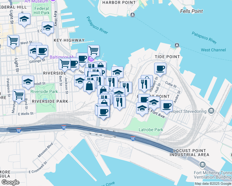 map of restaurants, bars, coffee shops, grocery stores, and more near 1120 East Fort Avenue in Baltimore