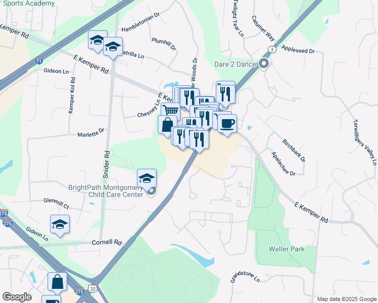 map of restaurants, bars, coffee shops, grocery stores, and more near 11345 Montgomery Road in Cincinnati