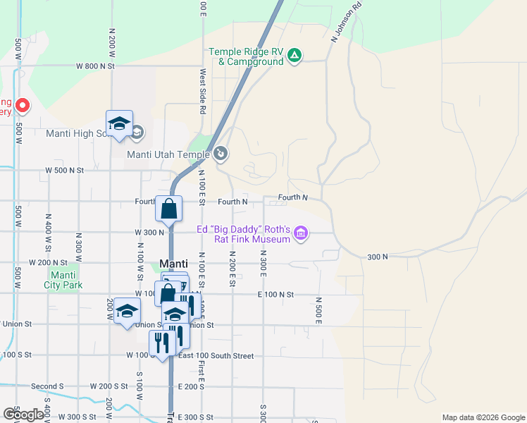map of restaurants, bars, coffee shops, grocery stores, and more near 16 East 400 North Street in Manti