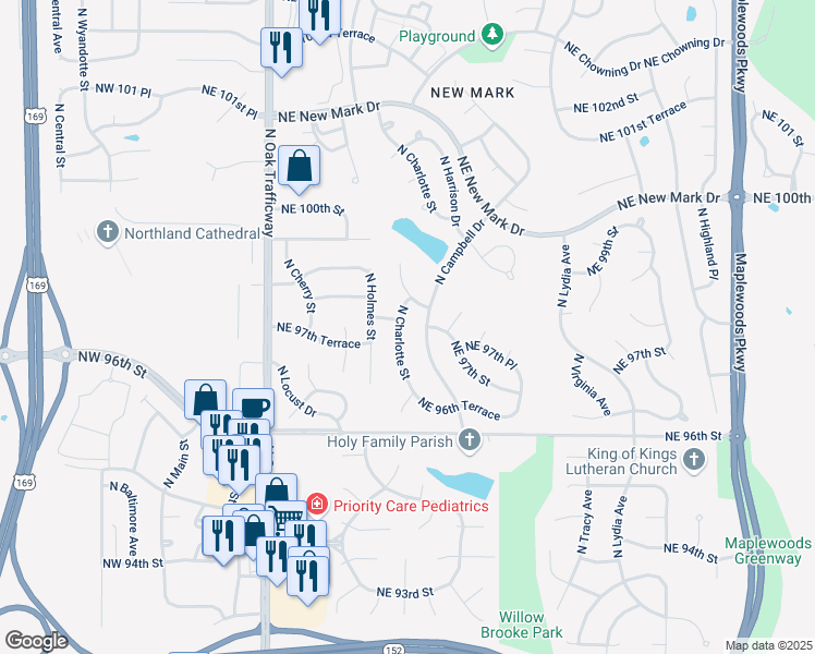 map of restaurants, bars, coffee shops, grocery stores, and more near 9804 North Charlotte Street in Kansas City