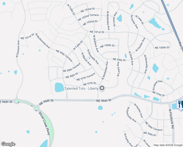 map of restaurants, bars, coffee shops, grocery stores, and more near 9729 North Marsh Terrace in Kansas City