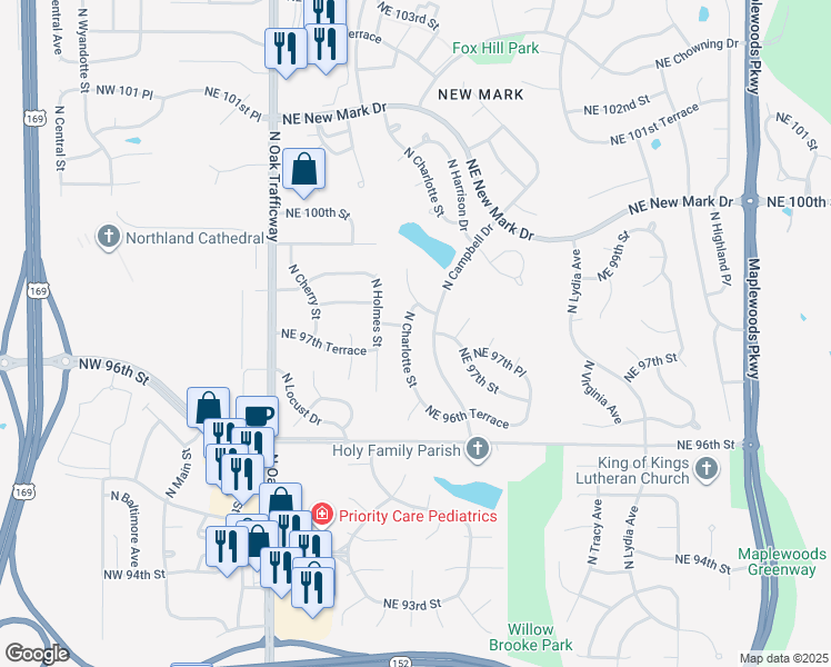 map of restaurants, bars, coffee shops, grocery stores, and more near 9804 North Charlotte Street in Kansas City