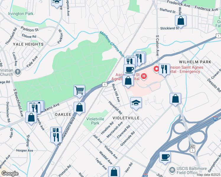map of restaurants, bars, coffee shops, grocery stores, and more near 3550 Benzinger Road in Baltimore
