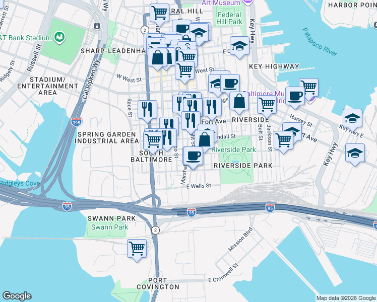 map of restaurants, bars, coffee shops, grocery stores, and more near 1633 Elkins Lane in Baltimore