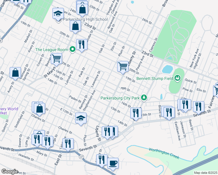 map of restaurants, bars, coffee shops, grocery stores, and more near 17th Street in Parkersburg