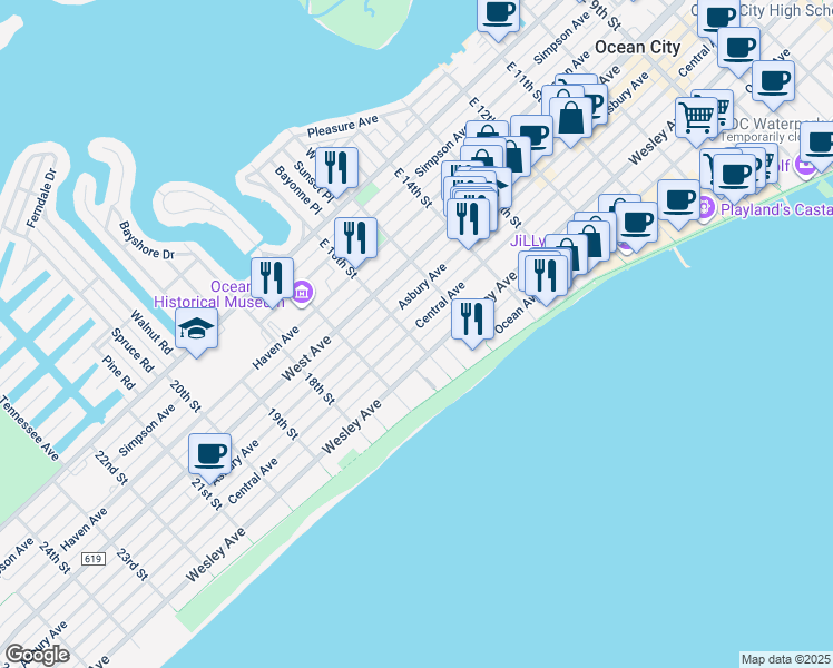 map of restaurants, bars, coffee shops, grocery stores, and more near 1553 Asbury Avenue in Ocean City