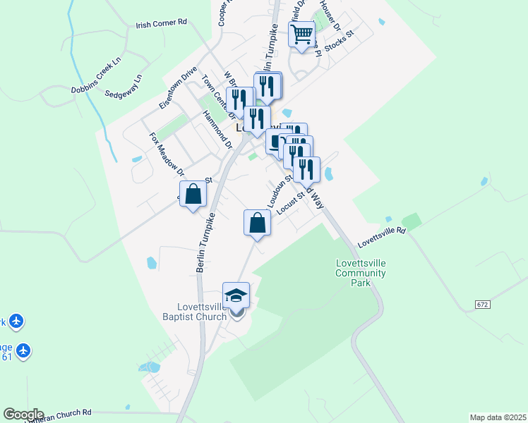 map of restaurants, bars, coffee shops, grocery stores, and more near 16 South Loudoun Street in Lovettsville